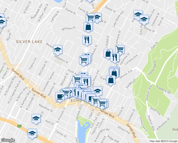 map of restaurants, bars, coffee shops, grocery stores, and more near in Los Angeles
