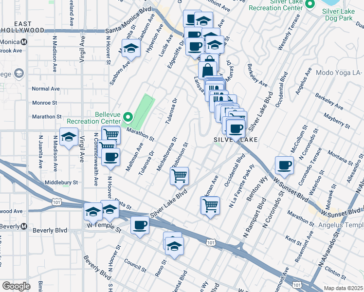 map of restaurants, bars, coffee shops, grocery stores, and more near 833 Robinson Street in Los Angeles