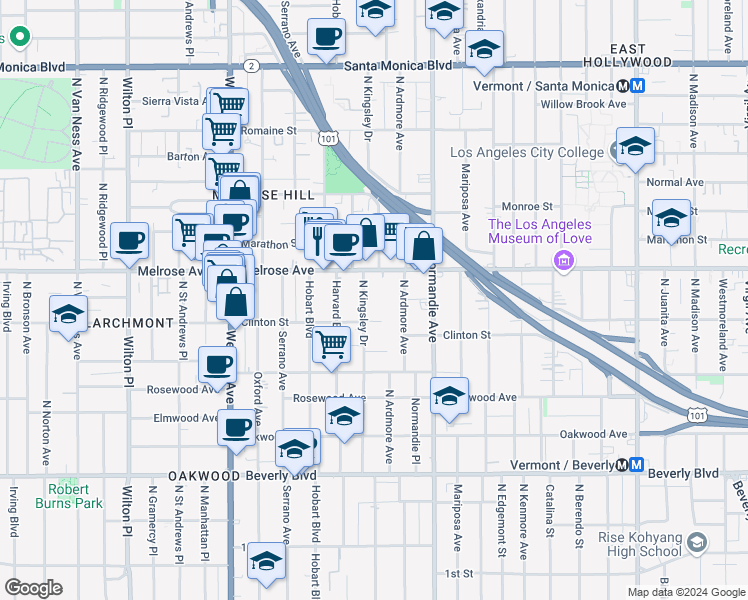 map of restaurants, bars, coffee shops, grocery stores, and more near 643 North Kingsley Drive in Los Angeles