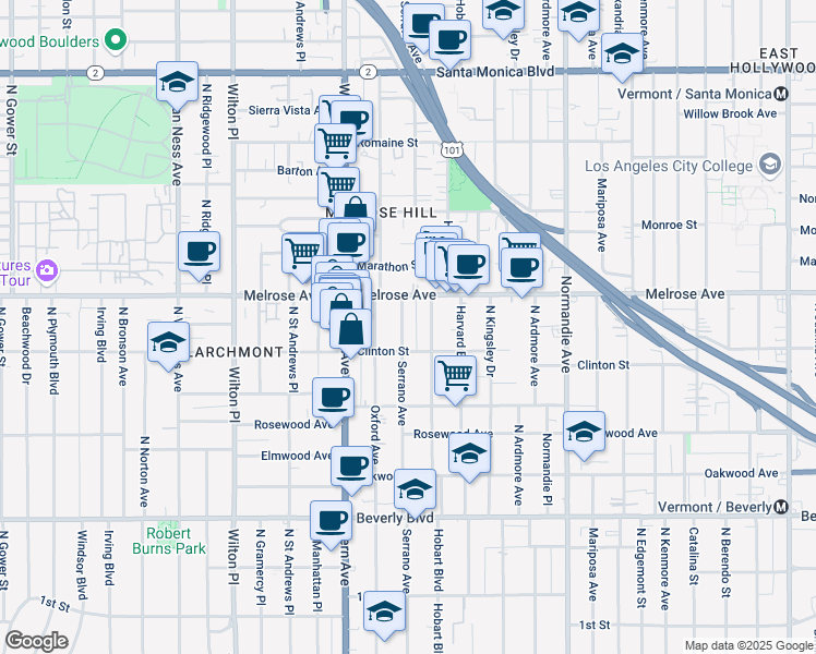 map of restaurants, bars, coffee shops, grocery stores, and more near 648 North Serrano Avenue in Los Angeles