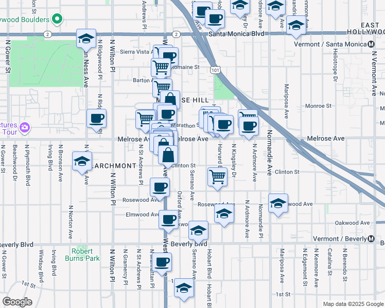 map of restaurants, bars, coffee shops, grocery stores, and more near 648 North Serrano Avenue in Los Angeles