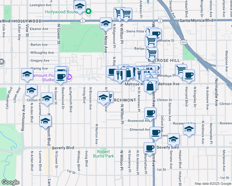 map of restaurants, bars, coffee shops, grocery stores, and more near in Los Angeles