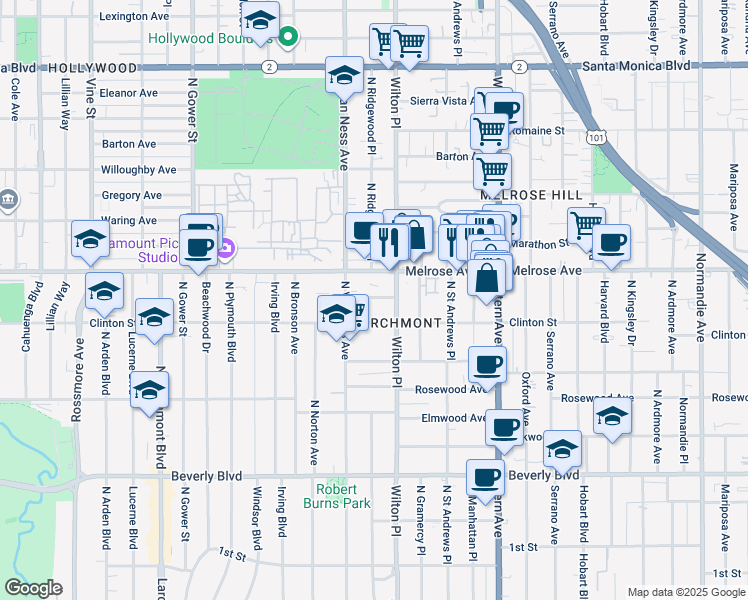 map of restaurants, bars, coffee shops, grocery stores, and more near 5202 Melrose Avenue in Los Angeles