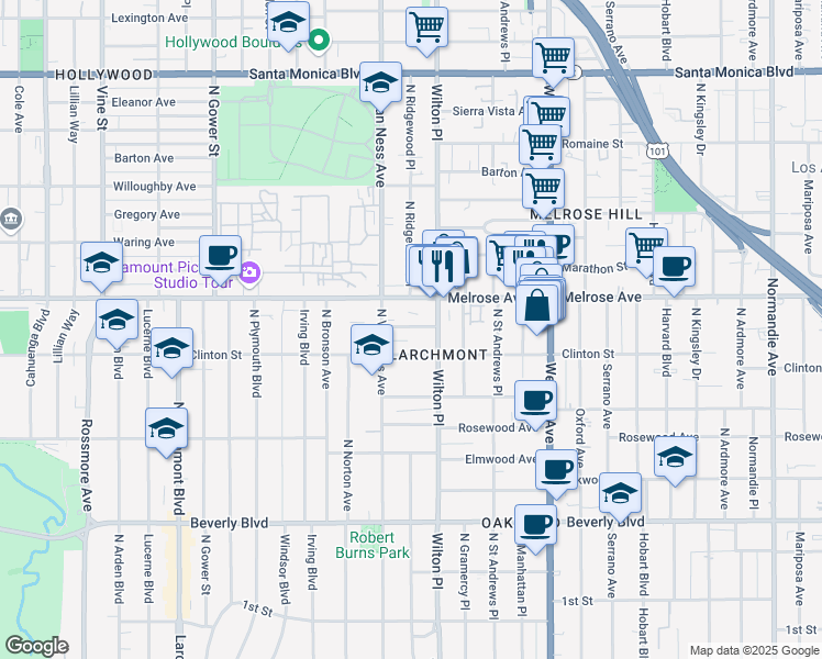 map of restaurants, bars, coffee shops, grocery stores, and more near in Los Angeles