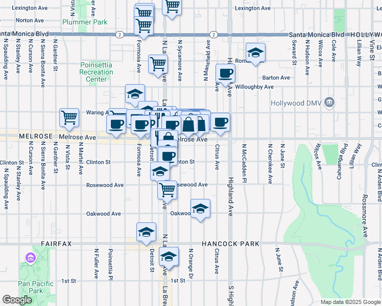 map of restaurants, bars, coffee shops, grocery stores, and more near 636 North Sycamore Avenue in Los Angeles