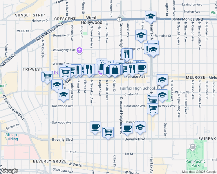 map of restaurants, bars, coffee shops, grocery stores, and more near 647 North La Jolla Avenue in Los Angeles