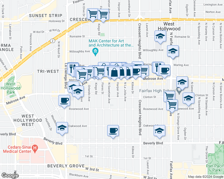 map of restaurants, bars, coffee shops, grocery stores, and more near 649 North Harper Avenue in Los Angeles
