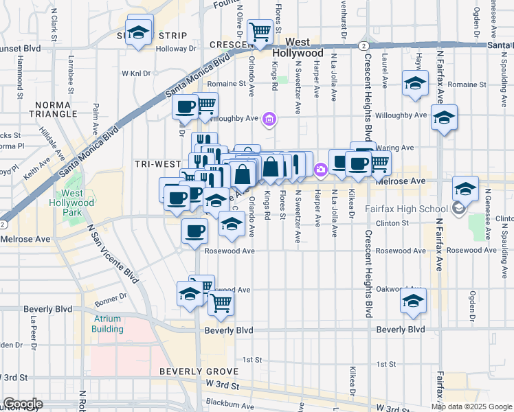 map of restaurants, bars, coffee shops, grocery stores, and more near 631 Kings Road in West Hollywood