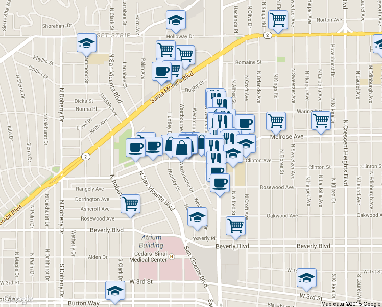 map of restaurants, bars, coffee shops, grocery stores, and more near 636 Westmount Drive in West Hollywood