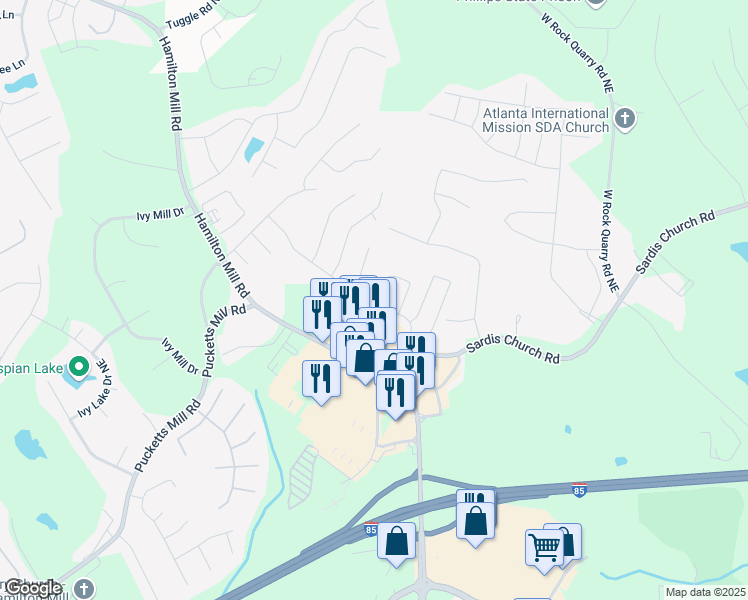 map of restaurants, bars, coffee shops, grocery stores, and more near Sardis Bend Drive in Buford