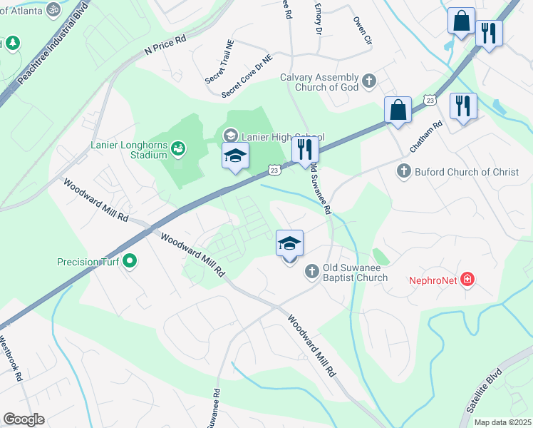 map of restaurants, bars, coffee shops, grocery stores, and more near 4368 Burton Bend Trail in Buford