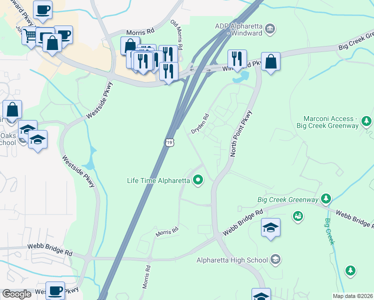 map of restaurants, bars, coffee shops, grocery stores, and more near 12426 Morris Road in Alpharetta