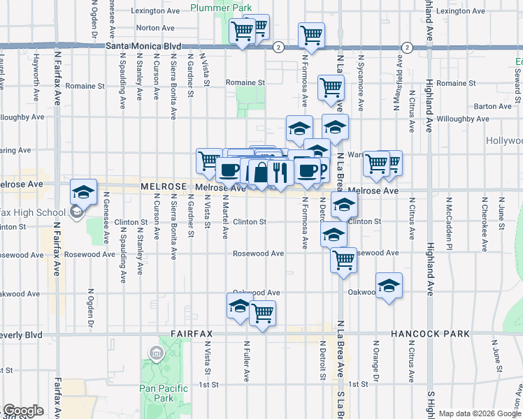 map of restaurants, bars, coffee shops, grocery stores, and more near 623 North Poinsettia Place in Los Angeles