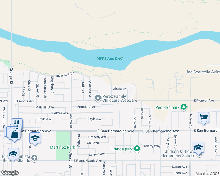 map of restaurants, bars, coffee shops, grocery stores, and more near 1837 River Bend Drive in Redlands