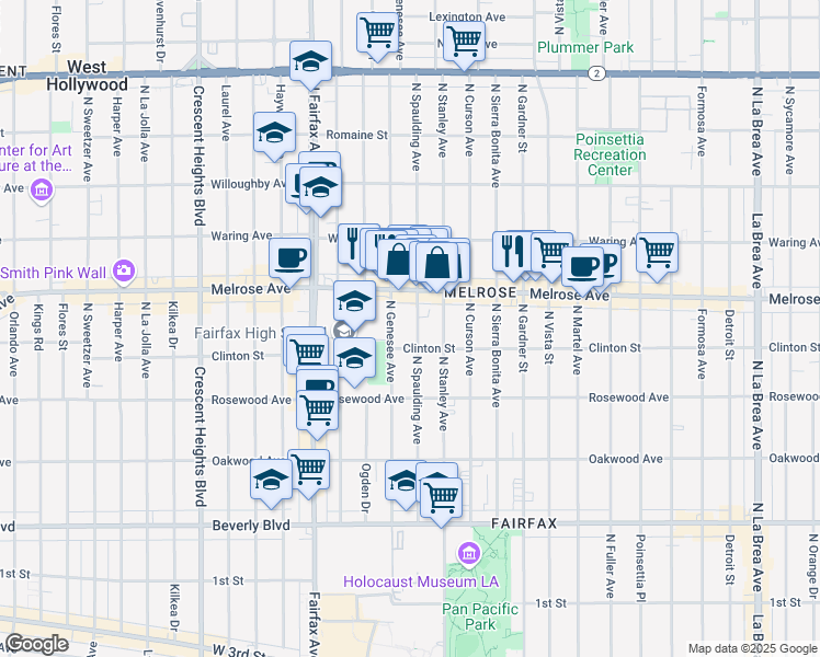 map of restaurants, bars, coffee shops, grocery stores, and more near 623 North Spaulding Avenue in Los Angeles