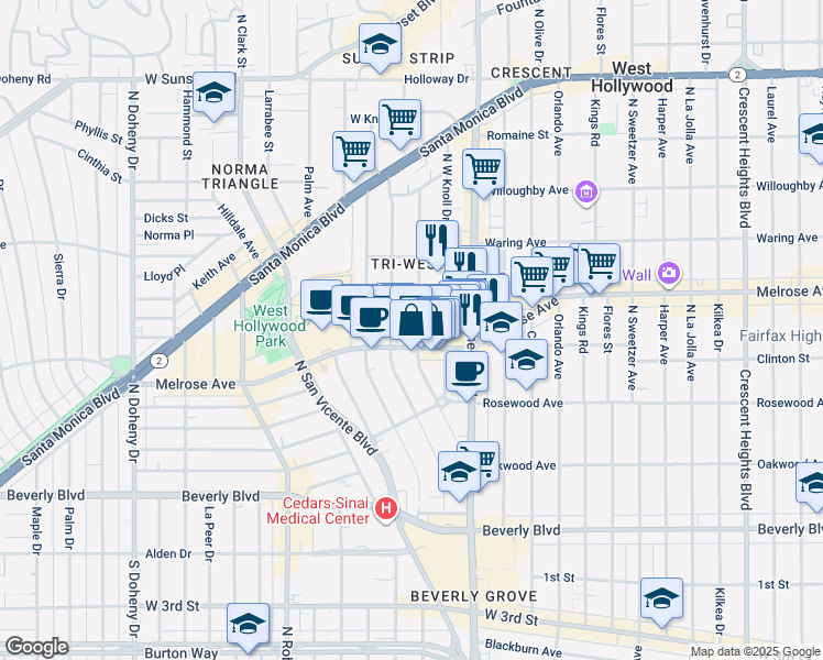 map of restaurants, bars, coffee shops, grocery stores, and more near 636 Westmount Drive in West Hollywood