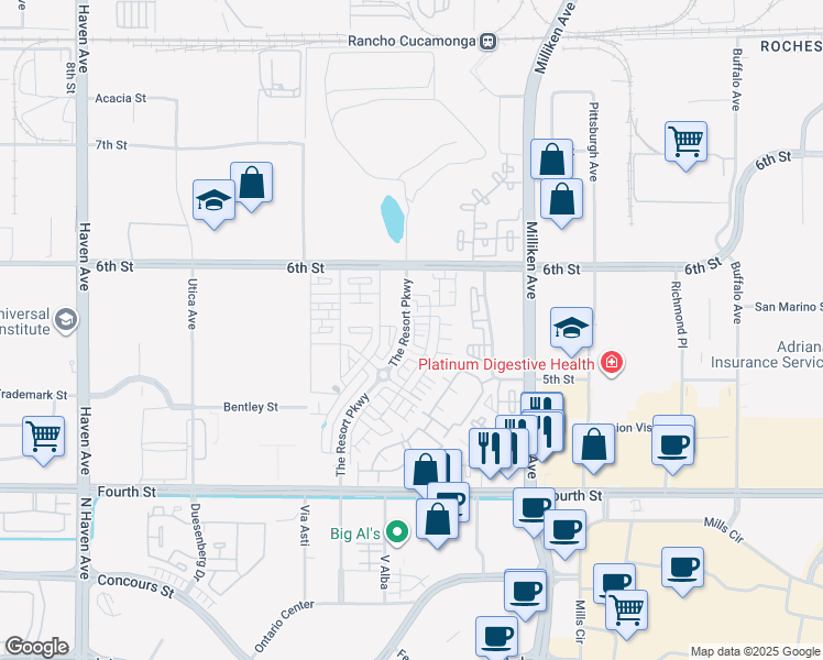 map of restaurants, bars, coffee shops, grocery stores, and more near 9412 Shade Place in Rancho Cucamonga