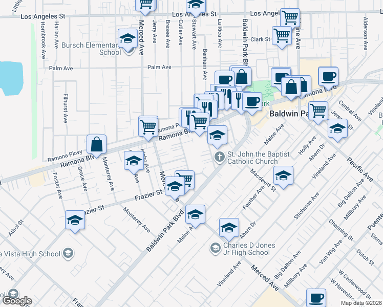 map of restaurants, bars, coffee shops, grocery stores, and more near 3902 Bresee Avenue in Baldwin Park