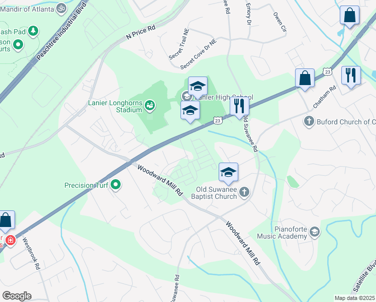 map of restaurants, bars, coffee shops, grocery stores, and more near 889 U.S. 23 in Suwanee