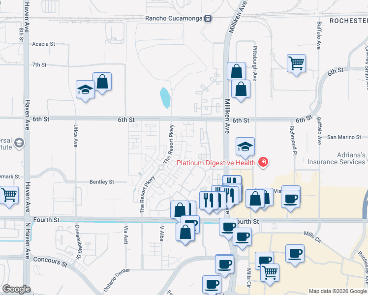 map of restaurants, bars, coffee shops, grocery stores, and more near 9439 Retreat Place in Rancho Cucamonga