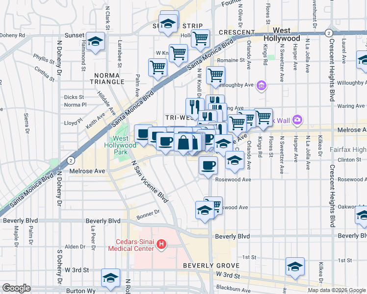 map of restaurants, bars, coffee shops, grocery stores, and more near 617 Westmount Drive in West Hollywood