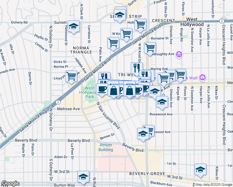 map of restaurants, bars, coffee shops, grocery stores, and more near 626 Huntley Drive in West Hollywood