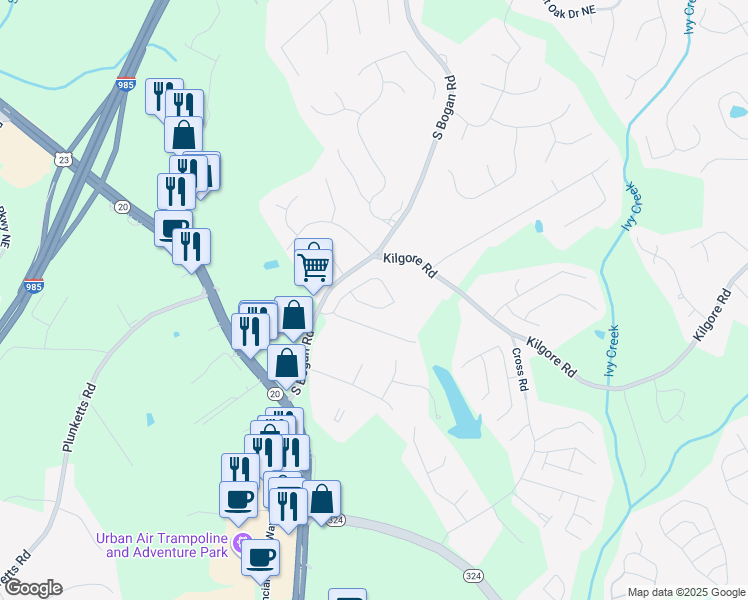 map of restaurants, bars, coffee shops, grocery stores, and more near 2190 Harvest Ridge Circle Northeast in Buford