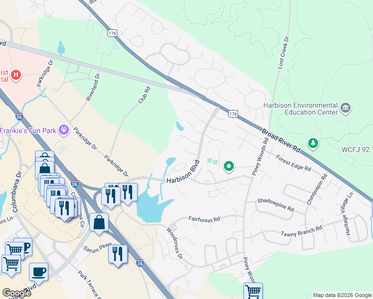 map of restaurants, bars, coffee shops, grocery stores, and more near 67 Woodpond Court in Columbia