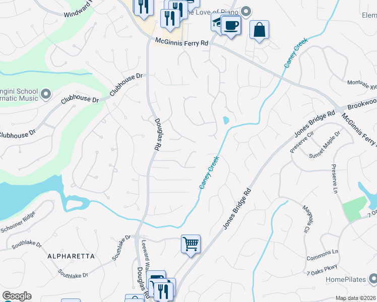 map of restaurants, bars, coffee shops, grocery stores, and more near 12484 Huntington Trace in Alpharetta