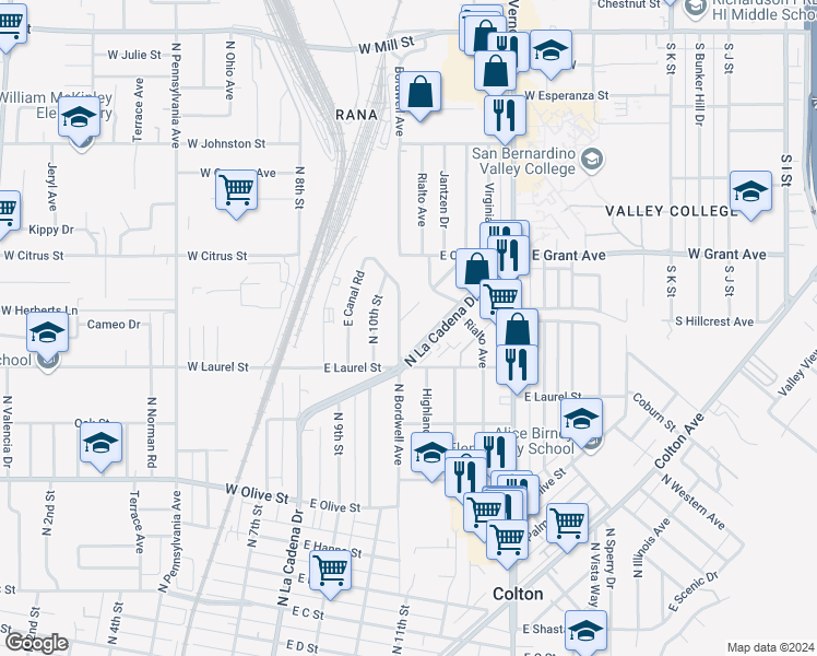 map of restaurants, bars, coffee shops, grocery stores, and more near 1432 North Bordwell Avenue in Colton