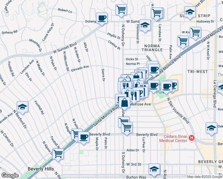 map of restaurants, bars, coffee shops, grocery stores, and more near 614 Sierra Drive in Beverly Hills