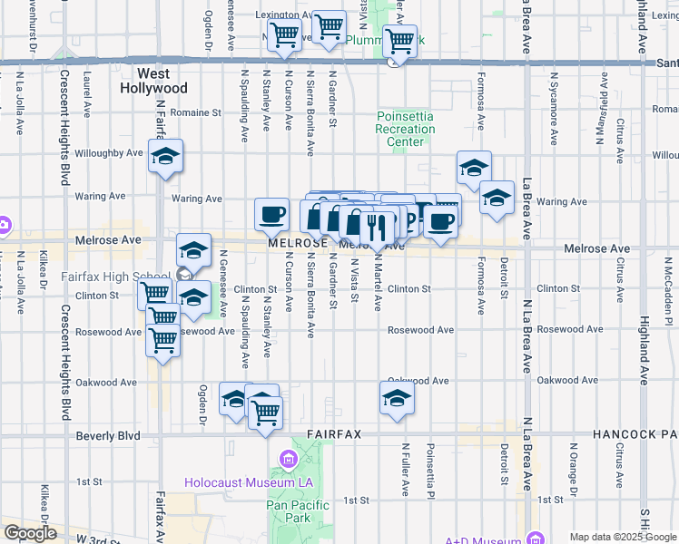 map of restaurants, bars, coffee shops, grocery stores, and more near 622 North Gardner Street in Los Angeles