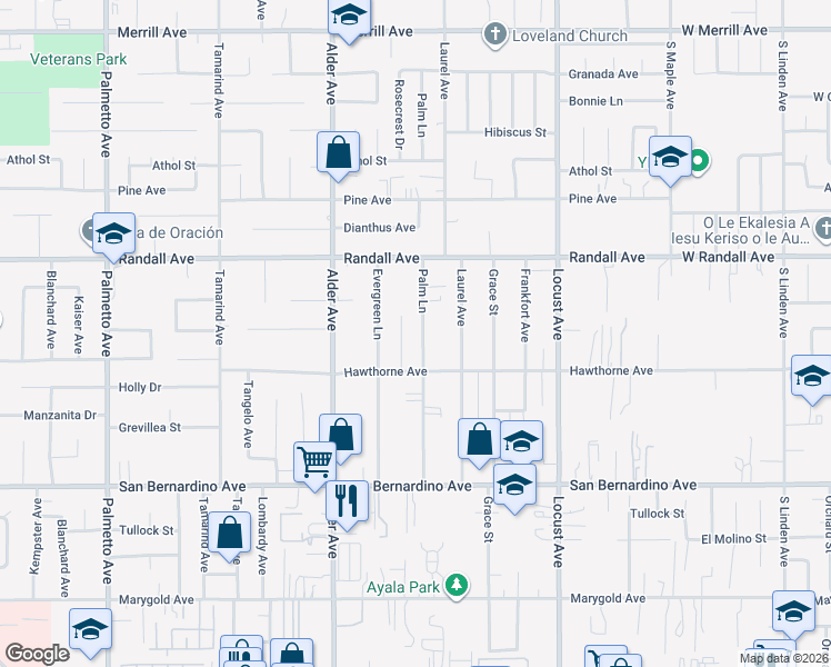 map of restaurants, bars, coffee shops, grocery stores, and more near 9428 Palm Lane in Fontana