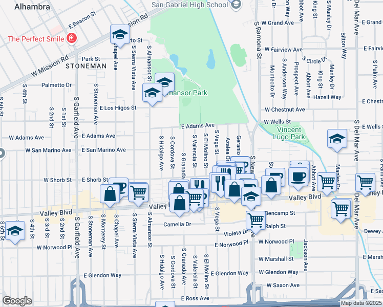map of restaurants, bars, coffee shops, grocery stores, and more near 1036 South Valencia Street in Alhambra