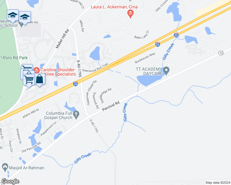 map of restaurants, bars, coffee shops, grocery stores, and more near 228 Oakbrook Village Road in Columbia