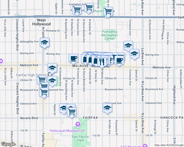 map of restaurants, bars, coffee shops, grocery stores, and more near 622 North Gardner Street in Los Angeles