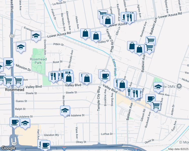 map of restaurants, bars, coffee shops, grocery stores, and more near 9614 Lorica Street in Rosemead