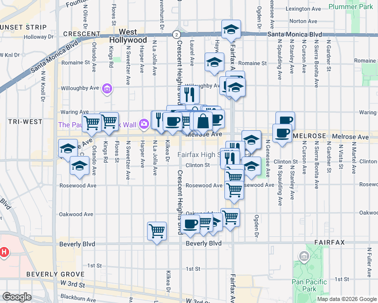 map of restaurants, bars, coffee shops, grocery stores, and more near 633 Laurel Avenue in Los Angeles