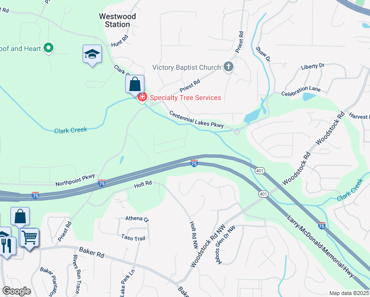 map of restaurants, bars, coffee shops, grocery stores, and more near 319 Franklin Lane in Acworth