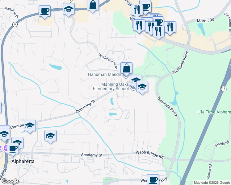 map of restaurants, bars, coffee shops, grocery stores, and more near 3008 Lake Union Hill Way in Alpharetta