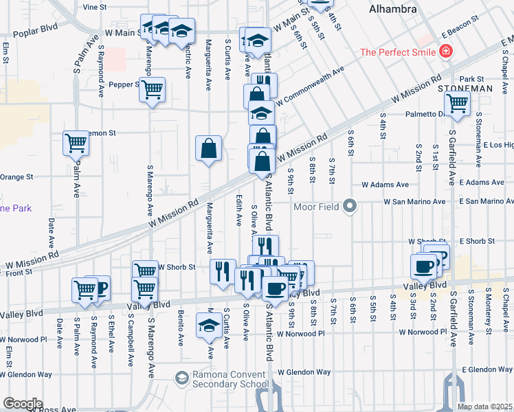 map of restaurants, bars, coffee shops, grocery stores, and more near 811 South Olive Avenue in Alhambra