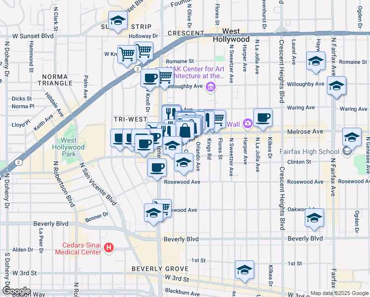 map of restaurants, bars, coffee shops, grocery stores, and more near in Los Angeles
