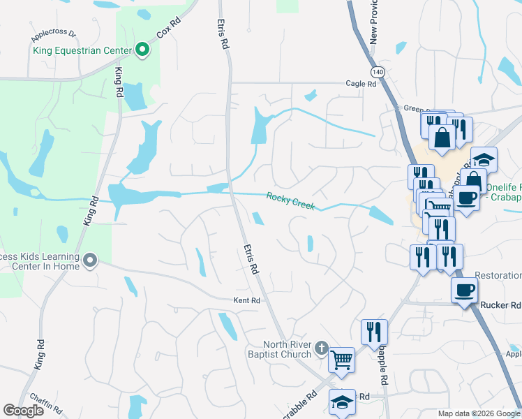 map of restaurants, bars, coffee shops, grocery stores, and more near 750 Northwind Terrace in Roswell
