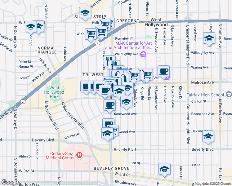 map of restaurants, bars, coffee shops, grocery stores, and more near 630 North La Cienega Boulevard in Los Angeles