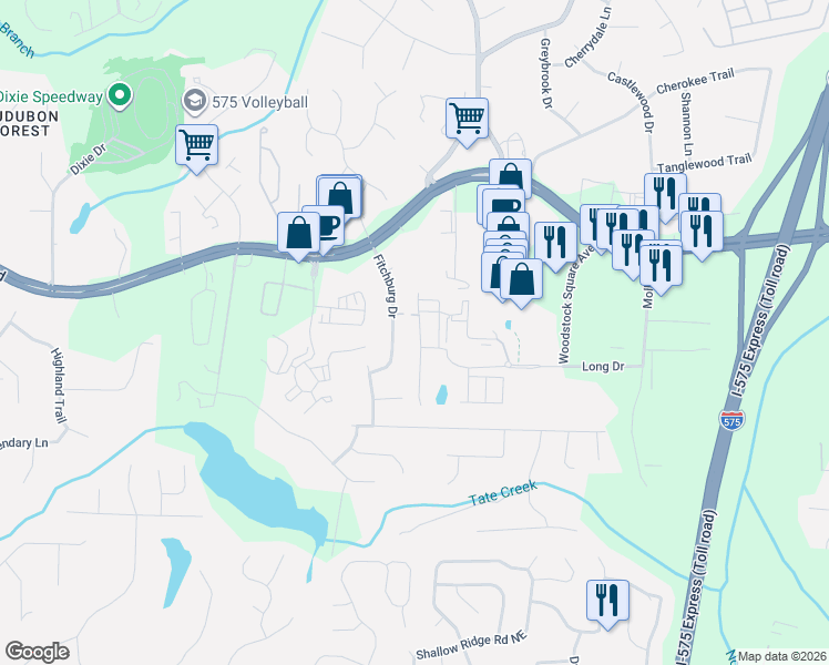 map of restaurants, bars, coffee shops, grocery stores, and more near 119 Fitchburg Drive in Woodstock