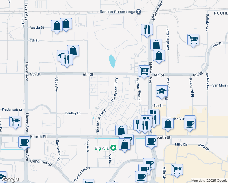 map of restaurants, bars, coffee shops, grocery stores, and more near 9350 The Resort Parkway in Rancho Cucamonga