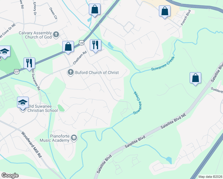 map of restaurants, bars, coffee shops, grocery stores, and more near 1817 Castleberry Lane in Buford