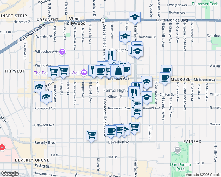 map of restaurants, bars, coffee shops, grocery stores, and more near 633 Laurel Avenue in Los Angeles