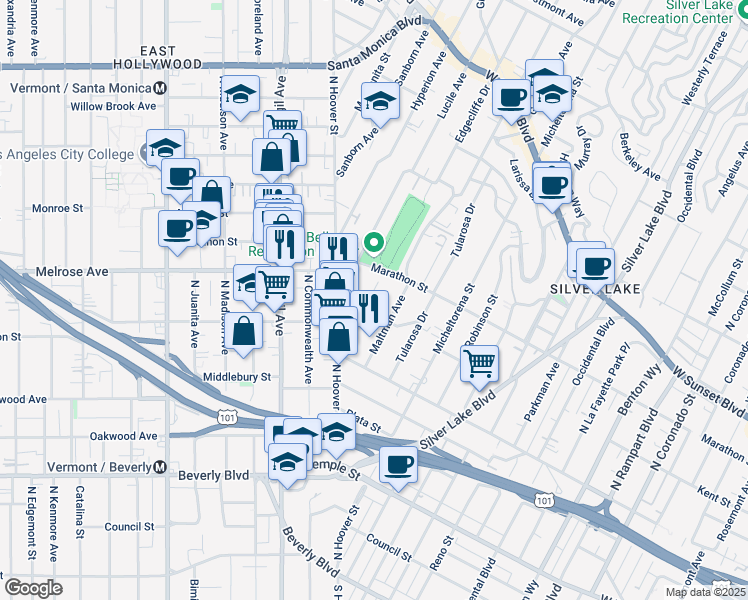 map of restaurants, bars, coffee shops, grocery stores, and more near 716 Imogen Avenue in Los Angeles