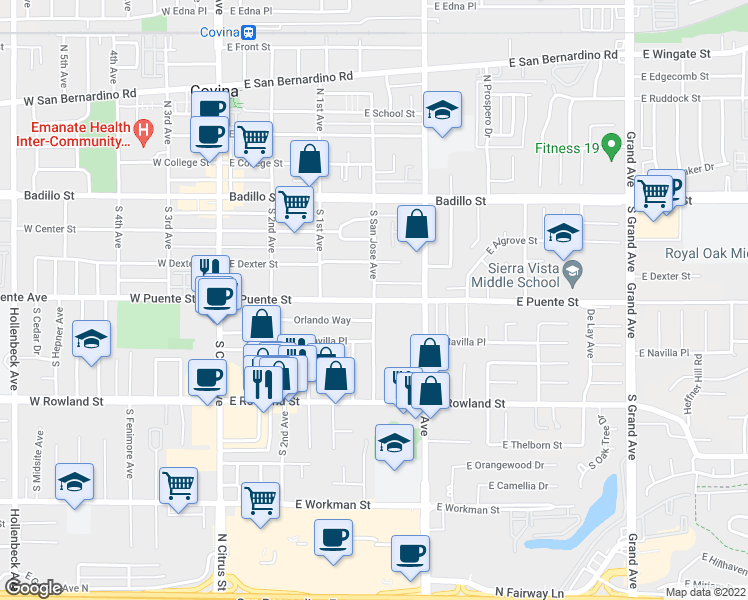 map of restaurants, bars, coffee shops, grocery stores, and more near East Puente Street & South San Jose Avenue in Covina
